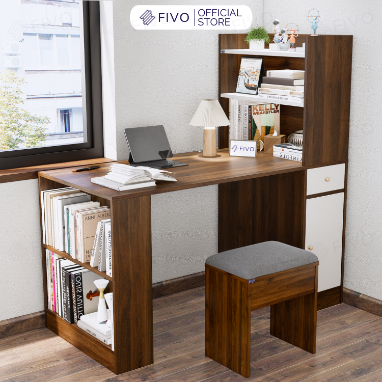 Bộ Bàn Ghế Làm Việc Kết Hợp Kệ Sách FD04 FIVO, Gỗ Chống Ẩm Cao Cấp, Thiết Kế 3 Trong 1