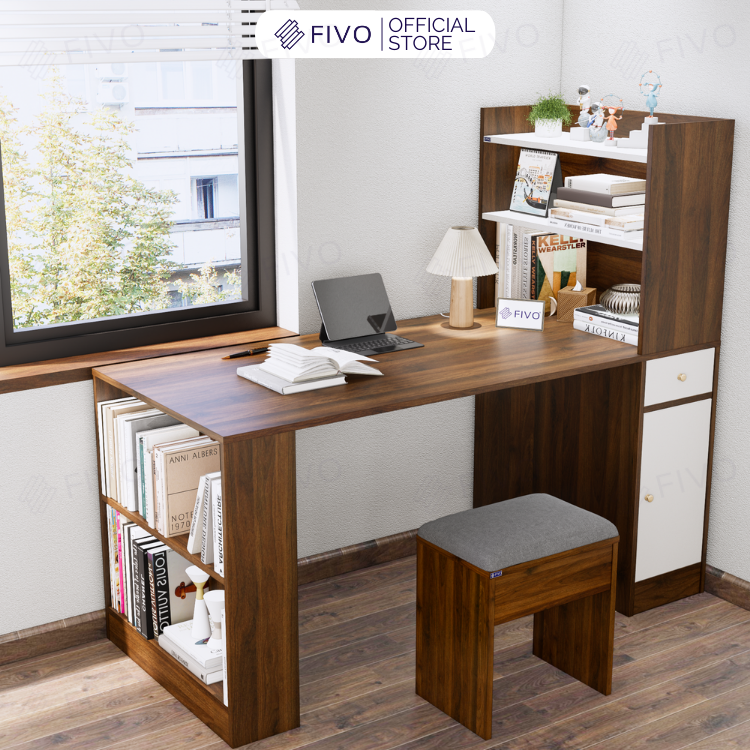 Bộ Bàn Ghế Làm Việc Kết Hợp Kệ Sách FD04 FIVO, Gỗ Chống Ẩm Cao Cấp, Thiết Kế 3 Trong 1