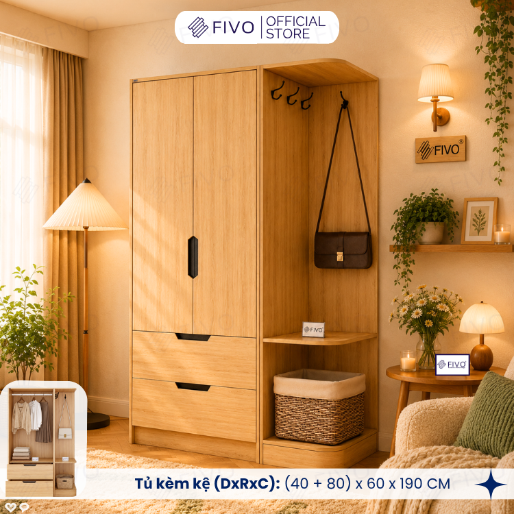 Tủ Đựng Quần Áo Gỗ Cao Cấp FC07 FIVO, Dày 17MM Cánh Mở Sâu 60cm Kèm Kệ Trang Trí, Freeship+Free lắp đặt, Trả Góp 0