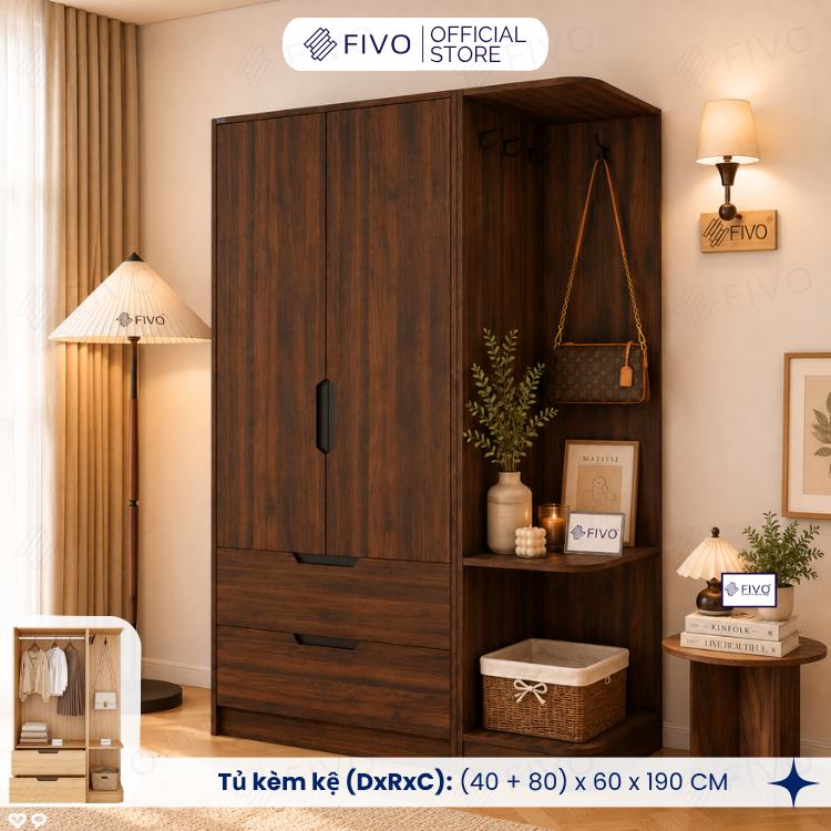 Tủ Đựng Quần Áo Gỗ Cao Cấp FC07 FIVO, Dày 17MM Cánh Mở Sâu 60cm Kèm Kệ Trang Trí, Freeship+Free lắp đặt, Trả Góp 0