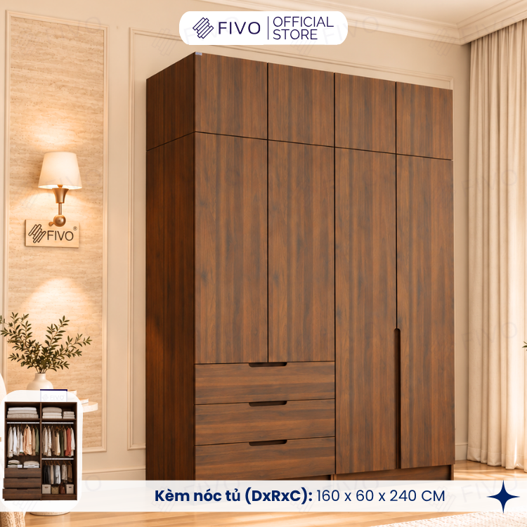 Tủ Đựng Quần Áo Gỗ Cao Cấp FC09 FIVO, Thiết Kế Cánh Mở Sâu 60cm, Kèm Ngăn Kéo, Freeship+Free Lắp Đặt, Trả Góp 0%