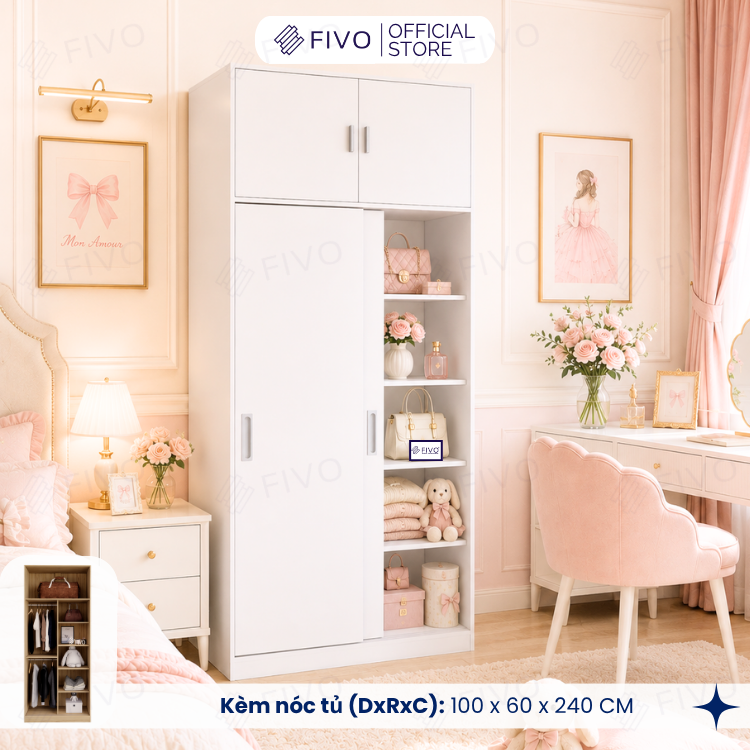 Tủ Áo Quần Cửa Trượt FIVO FC31 Gỗ Chống Ẩm, Màu Walnut Ấm Cúng Cho Phòng Ngủ, Trả Góp 0%, Freeship + Free lắp đặt