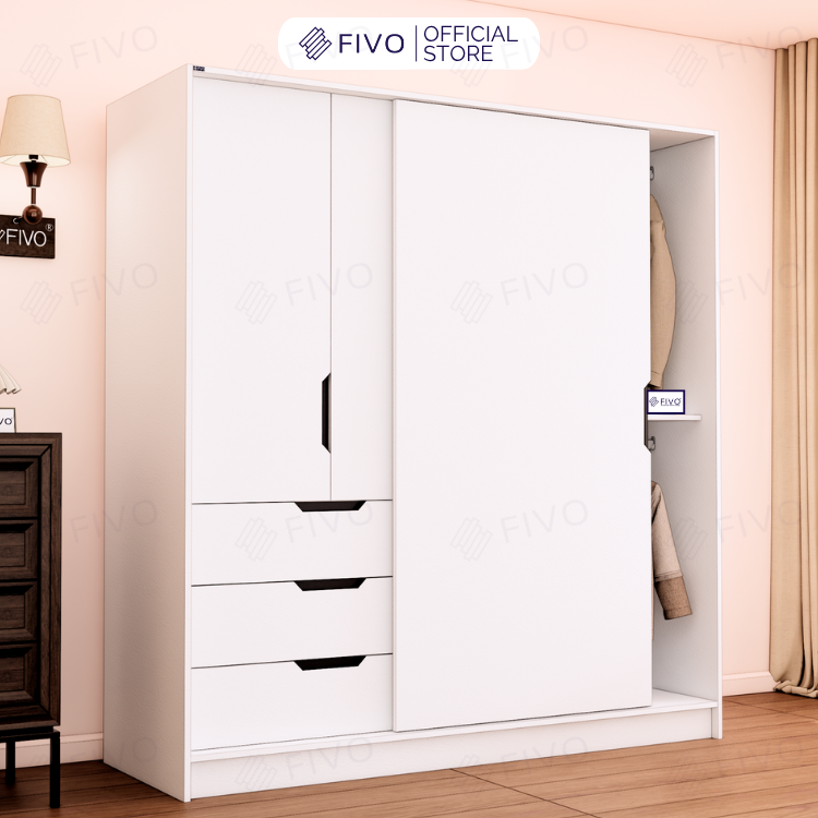 Tủ Gỗ Quần Áo Cửa Lùa Cao Cấp FC33 FIVO, Gỗ Dày 17mm, Kèm Hệ Kệ Trang Trí Sâu 60cm, Freeship+Free lắp đặt, Trả Góp 0%