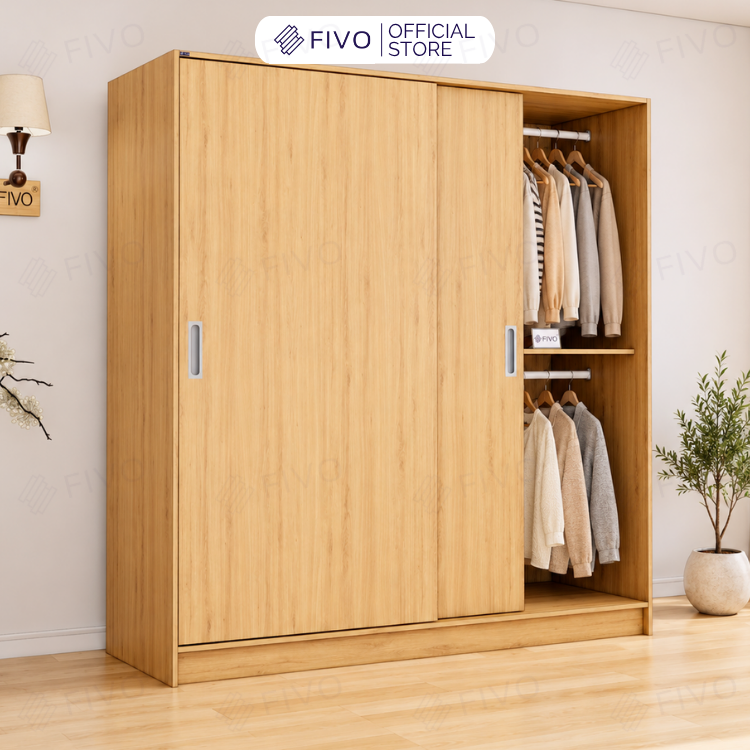 Tủ Quần Áo Gỗ Cửa Lùa Cao Cấp FC34 FIVO, Gỗ Dày 17mm Độ Sâu 60cm, Kèm Hệ Kệ Trang Trí, Freeship+Free lắp đặt, Trả Góp 0%