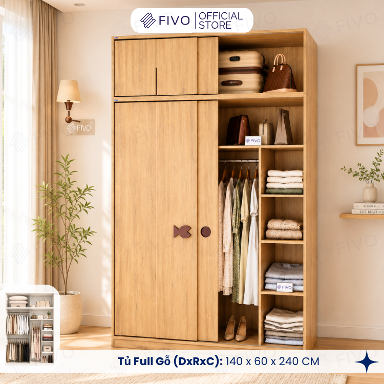 Tủ Quần Áo Gỗ Cửa Lùa FC36 FIVO, Gỗ Dày 17mm Sâu 60cm, Kèm Hệ Trang Trí, Freeship+Free Lắp Đặt, Trả Góp 0%