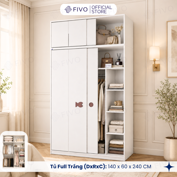 Tủ Quần Áo Gỗ Cửa Lùa FC36 FIVO, Gỗ Dày 17mm Sâu 60cm, Kèm Hệ Trang Trí, Freeship+Free Lắp Đặt, Trả Góp 0%