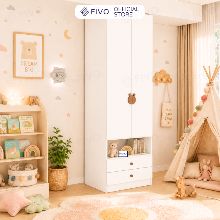 Tủ Gỗ Đựng Quần Áo Trẻ Em Cao Cấp FC03 FIVO, Tủ Sâu 60cm, Thiết Kế Hình Ngôi Nhà Độc Đáo, Freeship+Free lắp đặt, Trả Góp