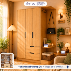 Tủ Đựng Quần Áo Gỗ Cao Cấp FC07 FIVO, Dày 17MM Cánh Mở Sâu 60cm Kèm Kệ Trang Trí, Freeship+Free lắp đặt, Trả Góp 0