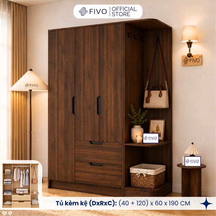Tủ Đựng Quần Áo Gỗ Cao Cấp FC07 FIVO, Dày 17MM Cánh Mở Sâu 60cm Kèm Kệ Trang Trí, Freeship+Free lắp đặt, Trả Góp 0