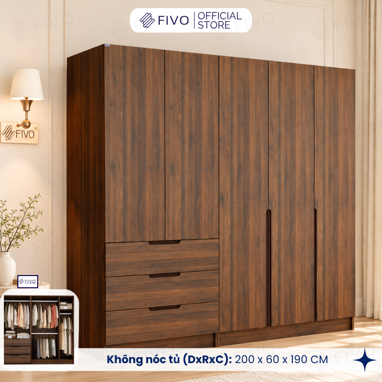 Tủ Đựng Quần Áo Gỗ Cao Cấp FC09 FIVO, Thiết Kế Cánh Mở Sâu 60cm, Kèm Ngăn Kéo, Freeship+Free Lắp Đặt, Trả Góp 0%