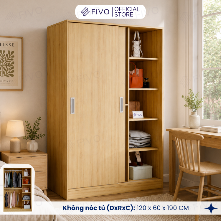 Tủ Áo Quần Cửa Trượt FIVO FC31 Gỗ Chống Ẩm, Màu Walnut Ấm Cúng Cho Phòng Ngủ, Trả Góp 0%, Freeship + Free lắp đặt