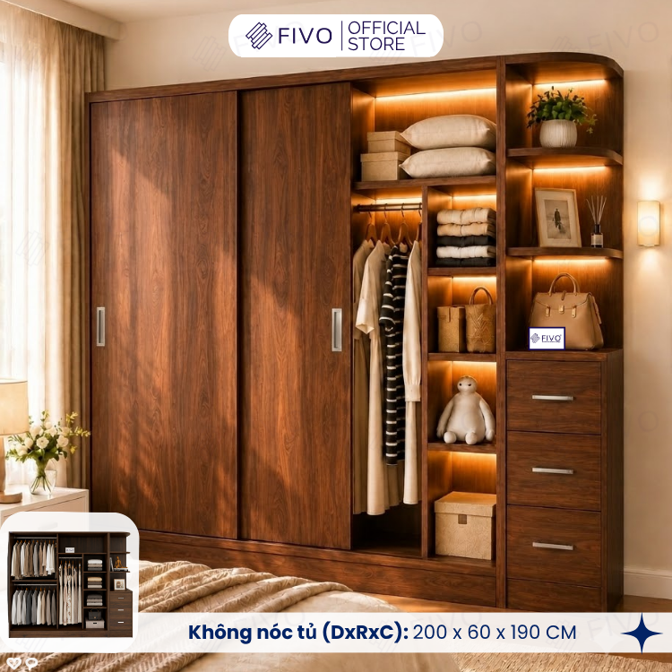 Tủ Gỗ Quần Áo Cửa Lùa Cao Cấp FC32 FIVO, Gỗ Dày 17mm, Kèm Hệ Tủ Tiện Lợi, Ngăn Kéo Sâu 60cm, Freeship+Free lắp đặt, Trả