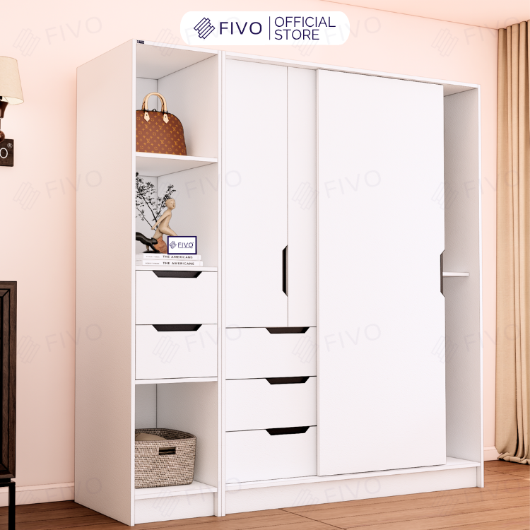 Tủ Gỗ Quần Áo Cửa Lùa Cao Cấp FC33 FIVO, Gỗ Dày 17mm, Kèm Hệ Kệ Trang Trí Sâu 60cm, Freeship+Free lắp đặt, Trả Góp 0%