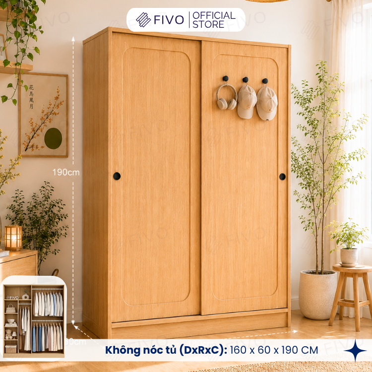 Tủ Quần Áo Gỗ Cửa Lùa Cao Cấp FC37 FIVO, Gỗ Dày 17mm Độ Sâu 60cm, Kèm Hệ Trang Trí, Freeship+Free Lắp Đặt, Trả Góp 0%