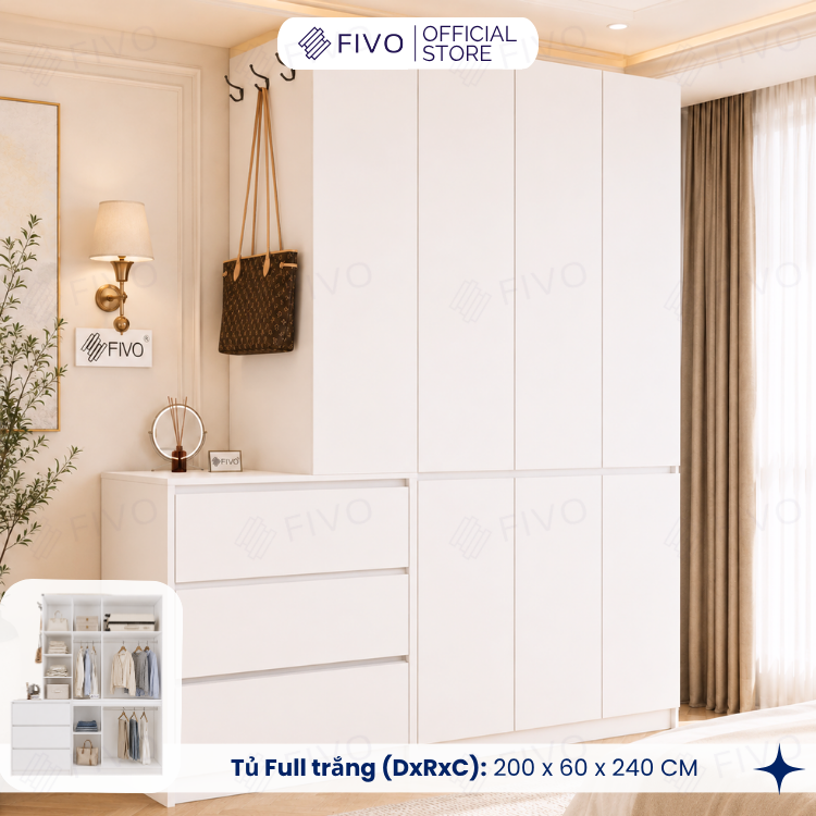 Tủ Quần Áo Gỗ Cửa Mở Cao Cấp FC11 FIVO, Sâu 60cm Kèm Hệ Tủ Ngăn Kéo, Freeship+Free lắp đặt, Trả Góp 0%