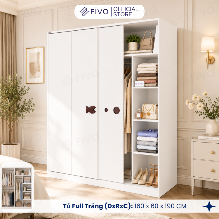 Tủ Quần Áo Gỗ Cửa Lùa FC36 FIVO, Gỗ Dày 17mm Sâu 60cm, Kèm Hệ Trang Trí, Freeship+Free Lắp Đặt, Trả Góp 0%