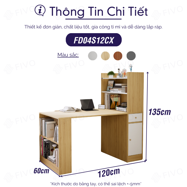 Bộ Bàn Ghế Làm Việc Kết Hợp Kệ Sách FD04 FIVO, Gỗ Chống Ẩm Cao Cấp, Thiết Kế 3 Trong 1