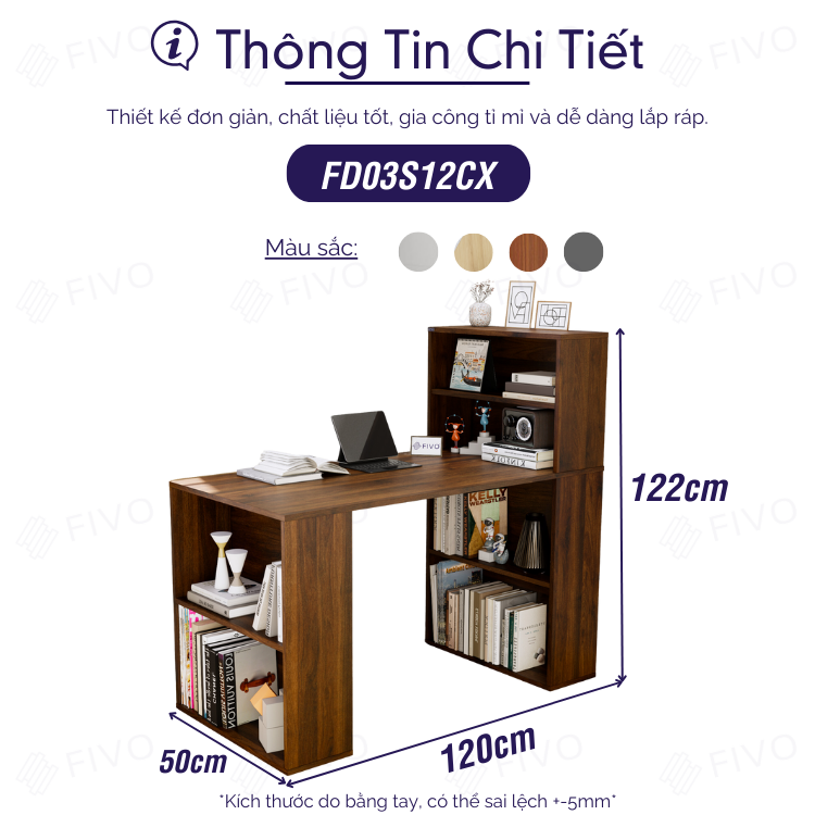 Bộ Bàn Ghế Làm Việc Kết Hợp Kệ Sách FD03 FIVO Tích Hợp Xoay Chiều 2in1, Ngăn Kệ Rộng Rãi, Dễ Dàng Lắp Ráp