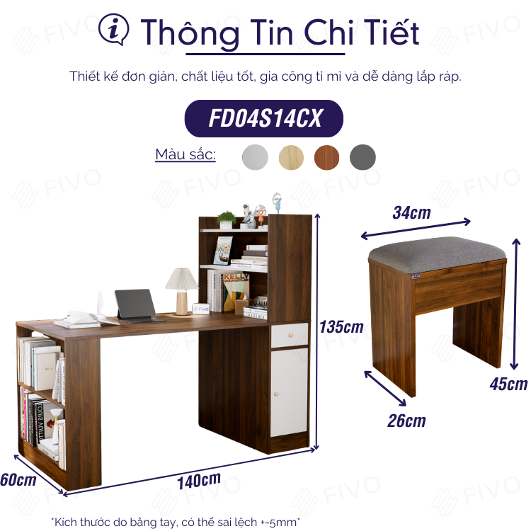 Bộ Bàn Ghế Làm Việc Kết Hợp Kệ Sách FD04 FIVO, Gỗ Chống Ẩm Cao Cấp, Thiết Kế 3 Trong 1