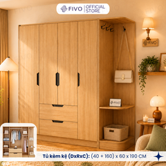 Tủ Đựng Quần Áo Gỗ Cao Cấp FC07 FIVO, Dày 17MM Cánh Mở Sâu 60cm Kèm Kệ Trang Trí, Freeship+Free lắp đặt, Trả Góp 0