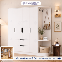 Tủ Đựng Quần Áo Gỗ Cao Cấp FC07 FIVO, Dày 17MM Cánh Mở Sâu 60cm Kèm Kệ Trang Trí, Freeship+Free lắp đặt, Trả Góp 0