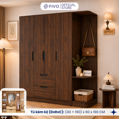 Tủ Đựng Quần Áo Gỗ Cao Cấp FC07 FIVO, Dày 17MM Cánh Mở Sâu 60cm Kèm Kệ Trang Trí, Freeship+Free lắp đặt, Trả Góp 0