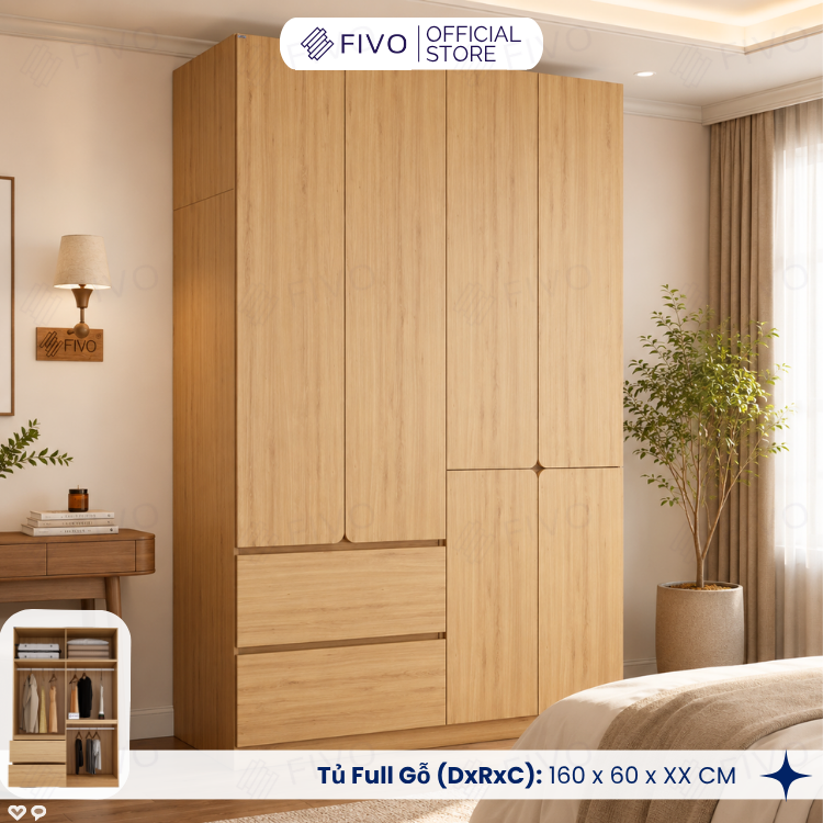 Tủ Quần Áo Gỗ Cao Cấp FC08 FIVO, Dày 17MM Cánh Mở Sâu 60cm, Thiết Kế Tinh Tế, Free ship+Free lắp đặt