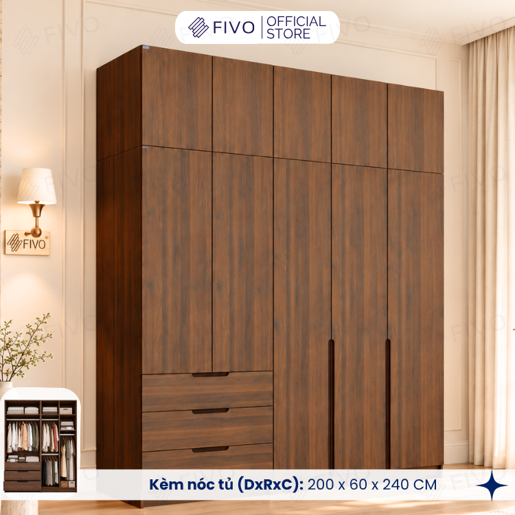 Tủ Đựng Quần Áo Gỗ Cao Cấp FC09 FIVO, Thiết Kế Cánh Mở Sâu 60cm, Kèm Ngăn Kéo, Freeship+Free Lắp Đặt, Trả Góp 0%
