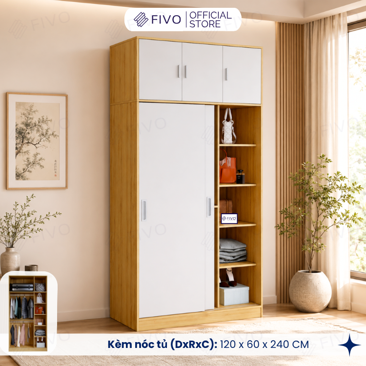 Tủ Áo Quần Cửa Trượt FIVO FC31 Gỗ Chống Ẩm, Màu Walnut Ấm Cúng Cho Phòng Ngủ, Trả Góp 0%, Freeship + Free lắp đặt