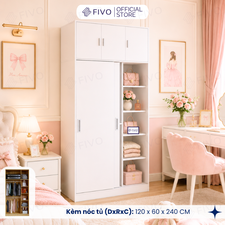 Tủ Áo Quần Cửa Trượt FIVO FC31 Gỗ Chống Ẩm, Màu Walnut Ấm Cúng Cho Phòng Ngủ, Trả Góp 0%, Freeship + Free lắp đặt
