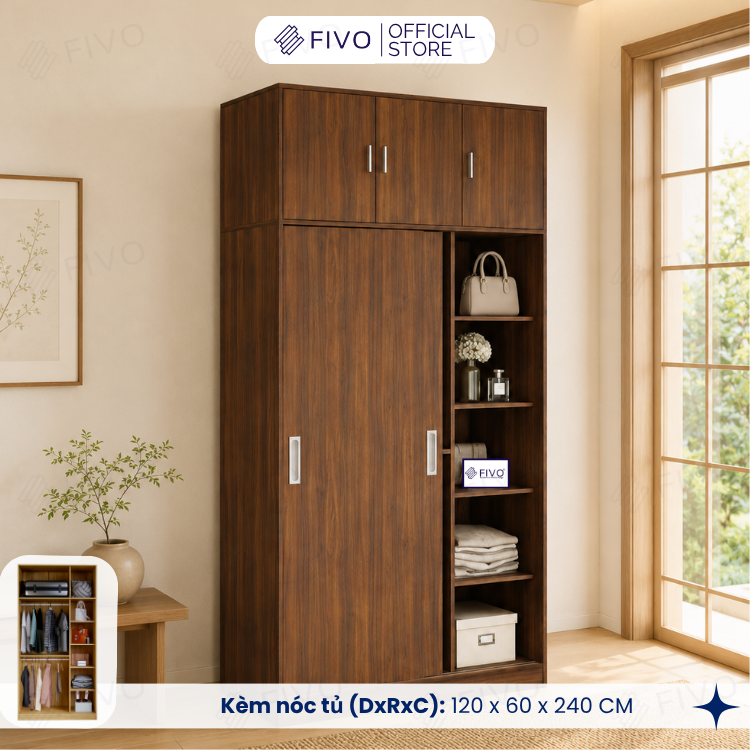 Tủ Áo Quần Cửa Trượt FIVO FC31 Gỗ Chống Ẩm, Màu Walnut Ấm Cúng Cho Phòng Ngủ, Trả Góp 0%, Freeship + Free lắp đặt