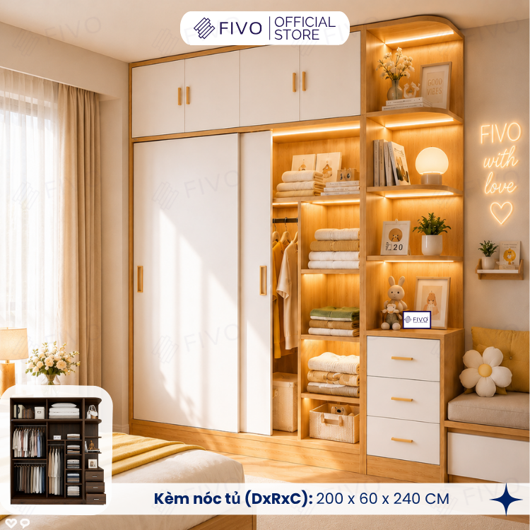 Tủ Gỗ Quần Áo Cửa Lùa Cao Cấp FC32 FIVO, Gỗ Dày 17mm, Kèm Hệ Tủ Tiện Lợi, Ngăn Kéo Sâu 60cm, Freeship+Free lắp đặt, Trả