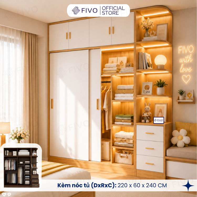 Tủ Gỗ Quần Áo Cửa Lùa Cao Cấp FC32 FIVO, Gỗ Dày 17mm, Kèm Hệ Tủ Tiện Lợi, Ngăn Kéo Sâu 60cm, Freeship+Free lắp đặt, Trả