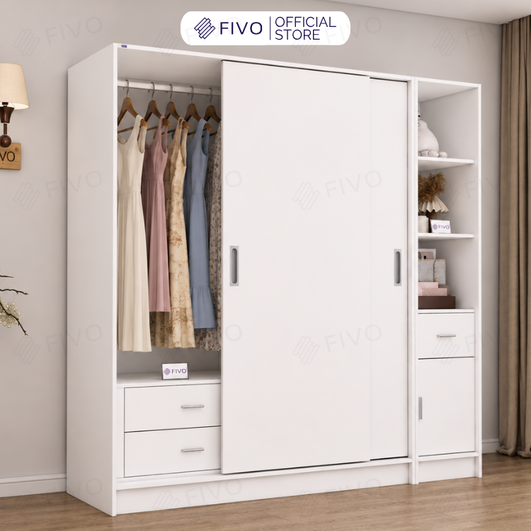 Tủ Quần Áo Gỗ Cửa Lùa Cao Cấp FC34 FIVO, Gỗ Dày 17mm Độ Sâu 60cm, Kèm Hệ Kệ Trang Trí, Freeship+Free lắp đặt, Trả Góp 0%