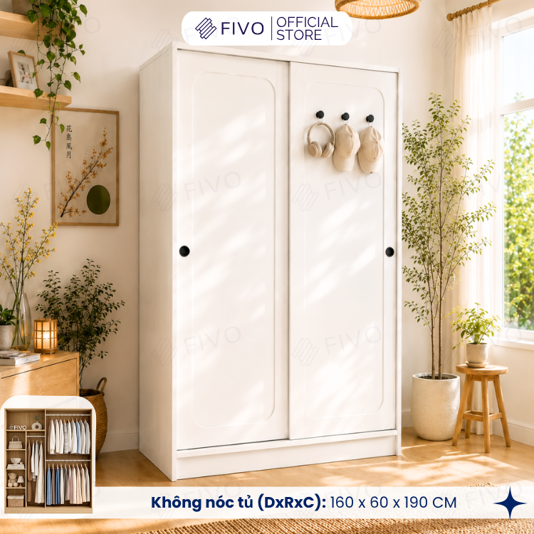 Tủ Quần Áo Gỗ Cửa Lùa Cao Cấp FC37 FIVO, Gỗ Dày 17mm Độ Sâu 60cm, Kèm Hệ Trang Trí, Freeship+Free Lắp Đặt, Trả Góp 0%