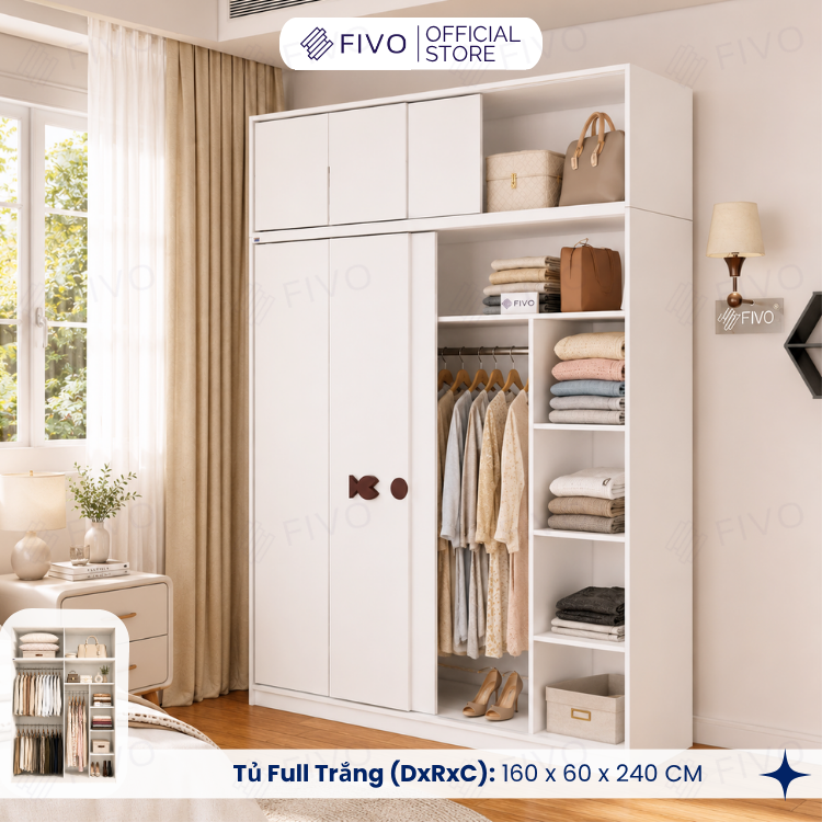 Tủ Quần Áo Gỗ Cửa Lùa FC36 FIVO, Gỗ Dày 17mm Sâu 60cm, Kèm Hệ Trang Trí, Freeship+Free Lắp Đặt, Trả Góp 0%
