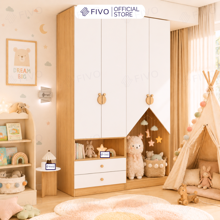 Tủ Gỗ Đựng Quần Áo Trẻ Em Cao Cấp FC03 FIVO, Tủ Sâu 60cm, Thiết Kế Hình Ngôi Nhà Độc Đáo, Freeship+Free lắp đặt, Trả Góp
