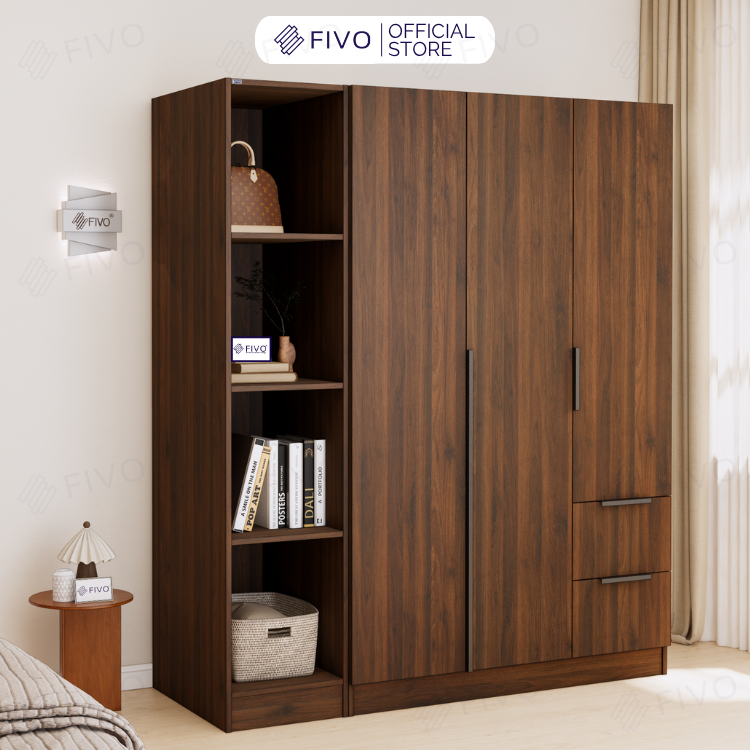 Tủ Đựng Quần Áo Gỗ Cao Cấp FC04 FIVO, Tủ Màu Gỗ Cánh Mở Sâu 60cm Kèm Kệ Trang Trí, Freeship+Free lắp đặt, Trả Góp 0%
