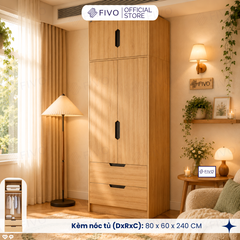 Tủ Đựng Quần Áo Gỗ Cao Cấp FC07 FIVO, Dày 17MM Cánh Mở Sâu 60cm Kèm Kệ Trang Trí, Freeship+Free lắp đặt, Trả Góp 0