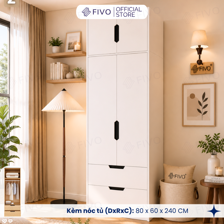 Tủ Đựng Quần Áo Gỗ Cao Cấp FC07 FIVO, Dày 17MM Cánh Mở Sâu 60cm Kèm Kệ Trang Trí, Freeship+Free lắp đặt, Trả Góp 0