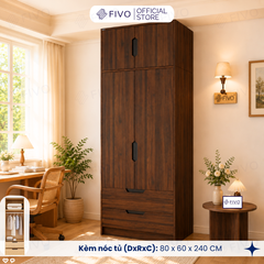 Tủ Đựng Quần Áo Gỗ Cao Cấp FC07 FIVO, Dày 17MM Cánh Mở Sâu 60cm Kèm Kệ Trang Trí, Freeship+Free lắp đặt, Trả Góp 0