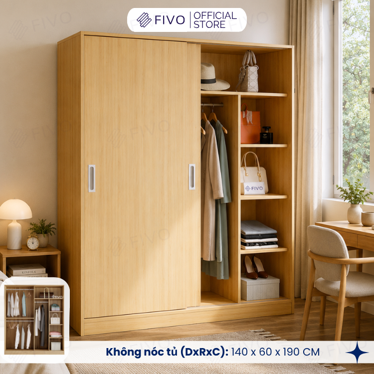 Tủ Áo Quần Cửa Trượt FIVO FC31 Gỗ Chống Ẩm, Màu Walnut Ấm Cúng Cho Phòng Ngủ, Trả Góp 0%, Freeship + Free lắp đặt