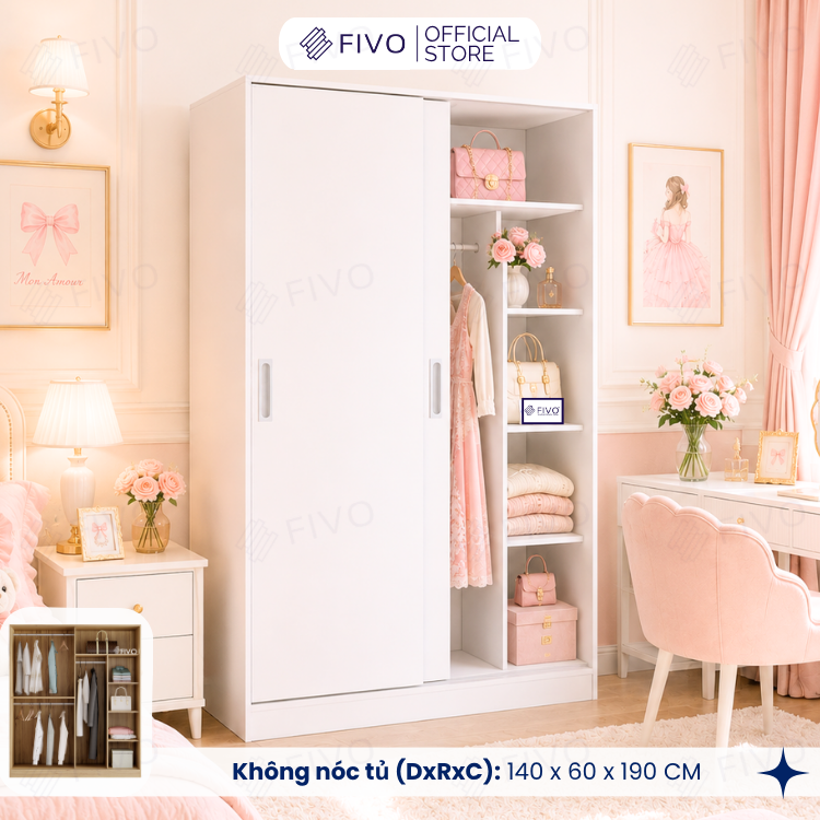 Tủ Áo Quần Cửa Trượt FIVO FC31 Gỗ Chống Ẩm, Màu Walnut Ấm Cúng Cho Phòng Ngủ, Trả Góp 0%, Freeship + Free lắp đặt