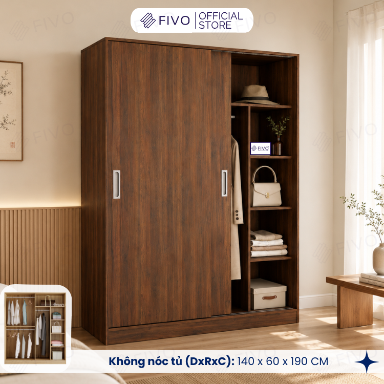 Tủ Áo Quần Cửa Trượt FIVO FC31 Gỗ Chống Ẩm, Màu Walnut Ấm Cúng Cho Phòng Ngủ, Trả Góp 0%, Freeship + Free lắp đặt