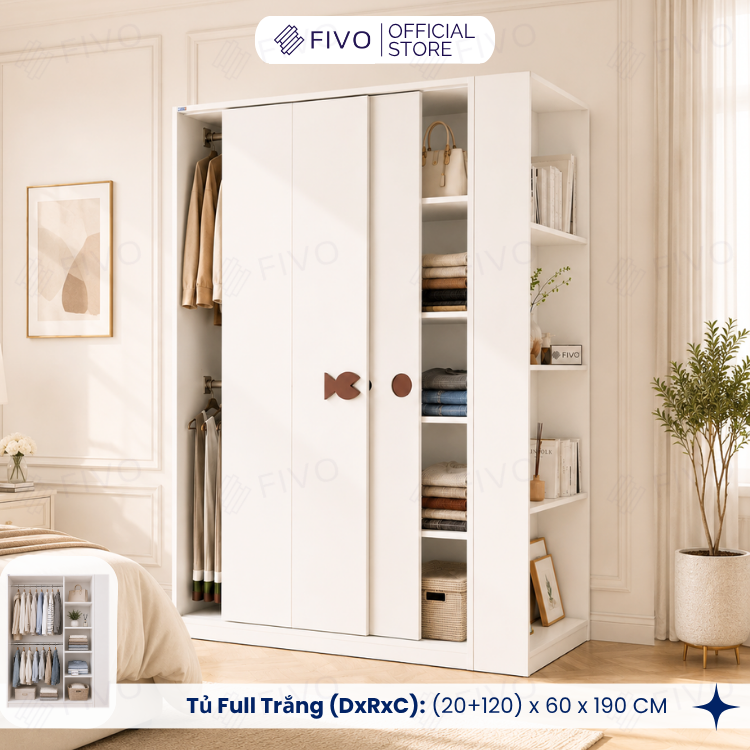 Tủ Quần Áo Gỗ Cửa Lùa FC36 FIVO, Gỗ Dày 17mm Sâu 60cm, Kèm Hệ Trang Trí, Freeship+Free Lắp Đặt, Trả Góp 0%