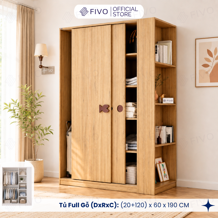 Tủ Quần Áo Gỗ Cửa Lùa FC36 FIVO, Gỗ Dày 17mm Sâu 60cm, Kèm Hệ Trang Trí, Freeship+Free Lắp Đặt, Trả Góp 0%