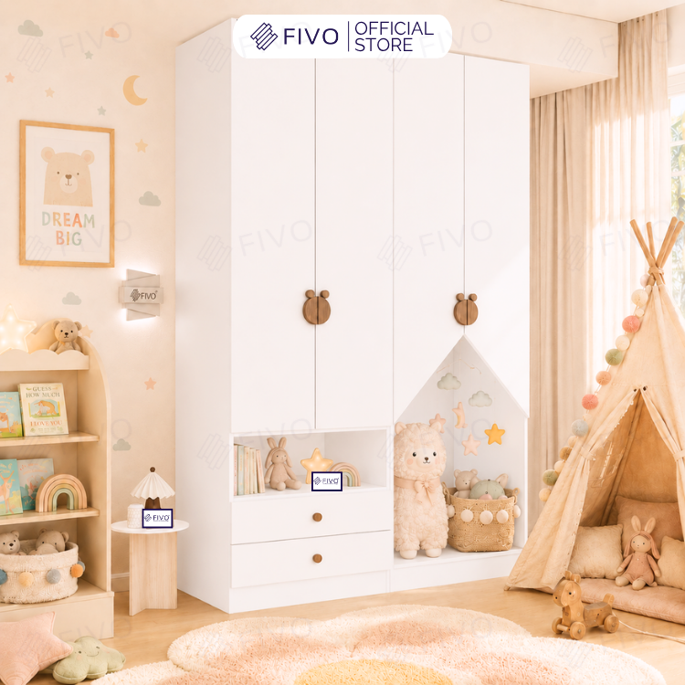 Tủ Gỗ Đựng Quần Áo Trẻ Em Cao Cấp FC03 FIVO, Tủ Sâu 60cm, Thiết Kế Hình Ngôi Nhà Độc Đáo, Freeship+Free lắp đặt, Trả Góp