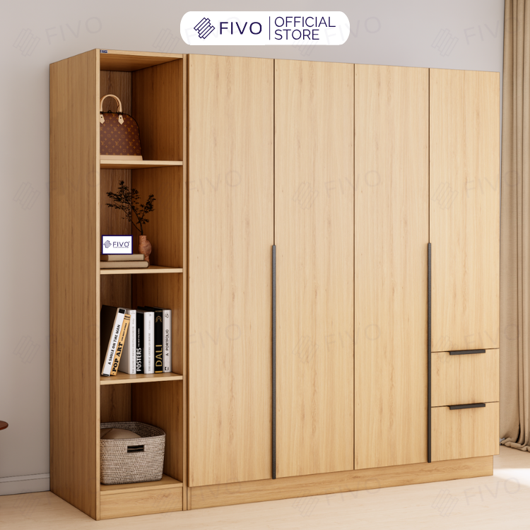 Tủ Đựng Quần Áo Gỗ Cao Cấp FC04 FIVO, Tủ Màu Gỗ Cánh Mở Sâu 60cm Kèm Kệ Trang Trí, Freeship+Free lắp đặt, Trả Góp 0%