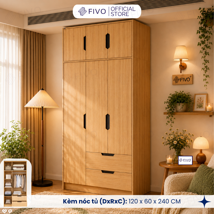 Tủ Đựng Quần Áo Gỗ Cao Cấp FC07 FIVO, Dày 17MM Cánh Mở Sâu 60cm Kèm Kệ Trang Trí, Freeship+Free lắp đặt, Trả Góp 0