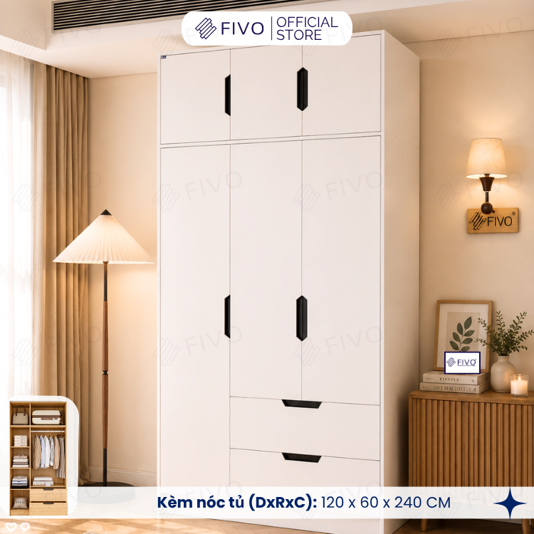 Tủ Đựng Quần Áo Gỗ Cao Cấp FC07 FIVO, Dày 17MM Cánh Mở Sâu 60cm Kèm Kệ Trang Trí, Freeship+Free lắp đặt, Trả Góp 0
